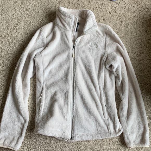 The North Face Tops - Cream/white fuzzy The North Face zip up jacket sweatshirt - small hole on arm